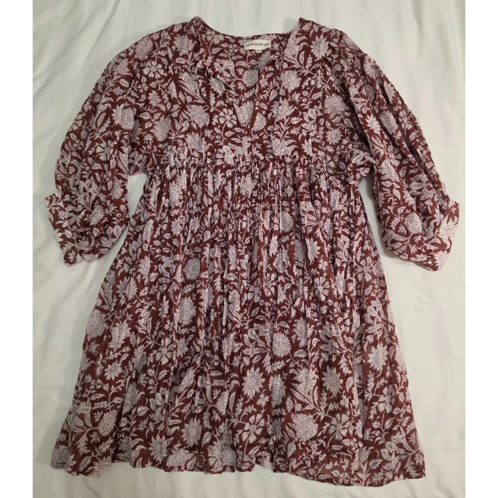 Boho Mini Dress Wine color Daughters of India M 100%Cotton handblock print